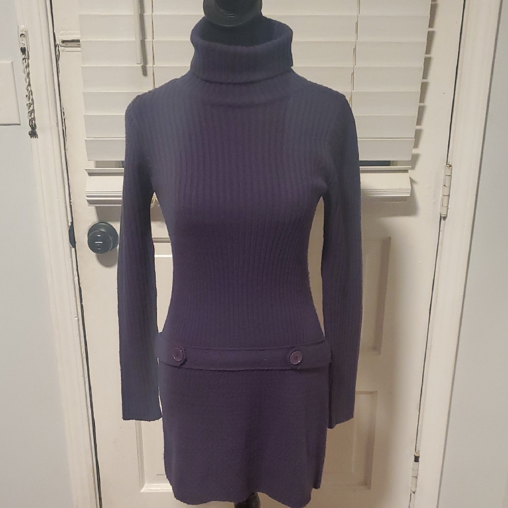 Jj Basics Ribbed Turtleneck Long-Sleeve Sweater Dress in Dark Purple